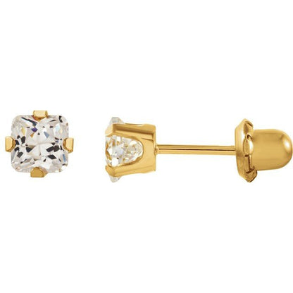 14K White  Square Imitation White Cubic Zirconia Piercing Stud Earrings