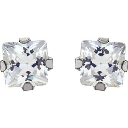 14K White  Square Imitation White Cubic Zirconia Piercing Stud Earrings