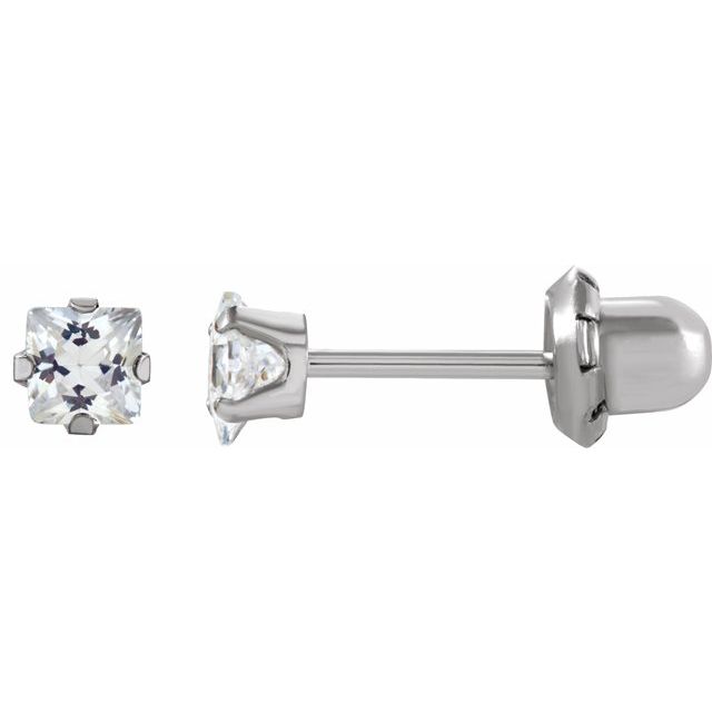 14K White  Square Imitation White Cubic Zirconia Piercing Stud Earrings