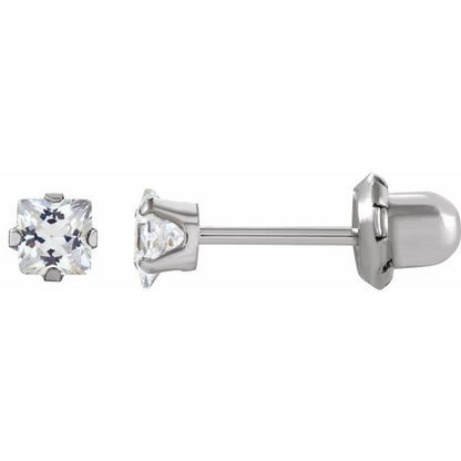 14K White  Square Imitation White Cubic Zirconia Piercing Stud Earrings