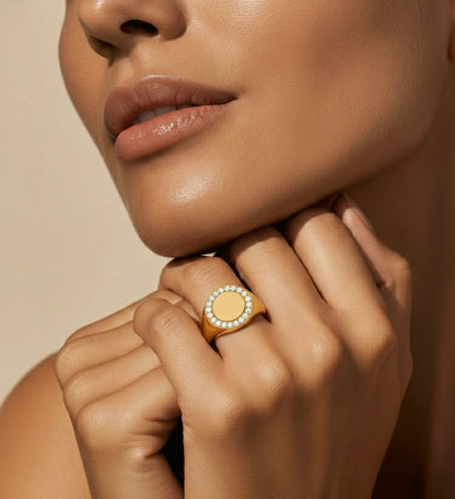 Classic Round Pave Diamond Signet Ring Personalized Unisex Solid Gold Ring in 14K