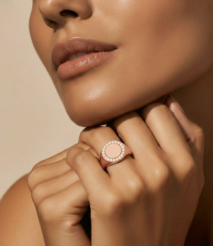 Classic Round Pave Diamond Signet Ring Personalized Unisex Solid Gold Ring in 14K