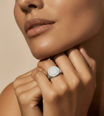 Classic Round Pave Diamond Signet Ring Personalized Unisex Solid Gold Ring in 14K