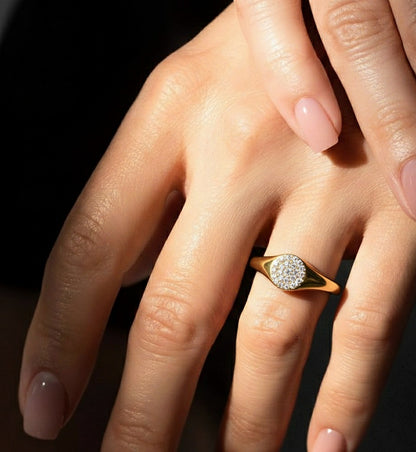 Pave Diamond Circle Signet Ring for Women's Modern Minimalist Ring in 14K Solid Gold