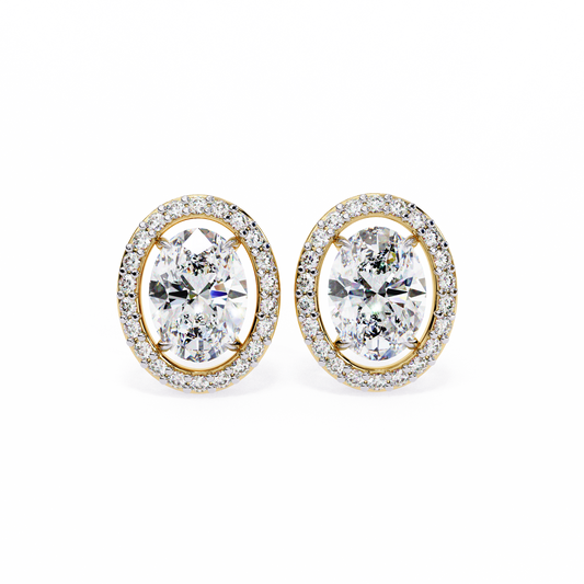 18k Solid Rose Gold Oval And Round Cut Diamond Minimalist Halo Prong Set Dainty Stud Bridesmaid Earring - HIGHCARAT DIAMONDS