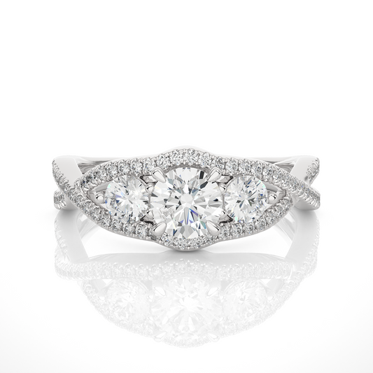 18K Solid Gold Ring, 1.07 Ct Three Stones With Pave And Side Stones Special Round Shape Ring For Women - HIGHCARAT DIAMONDS