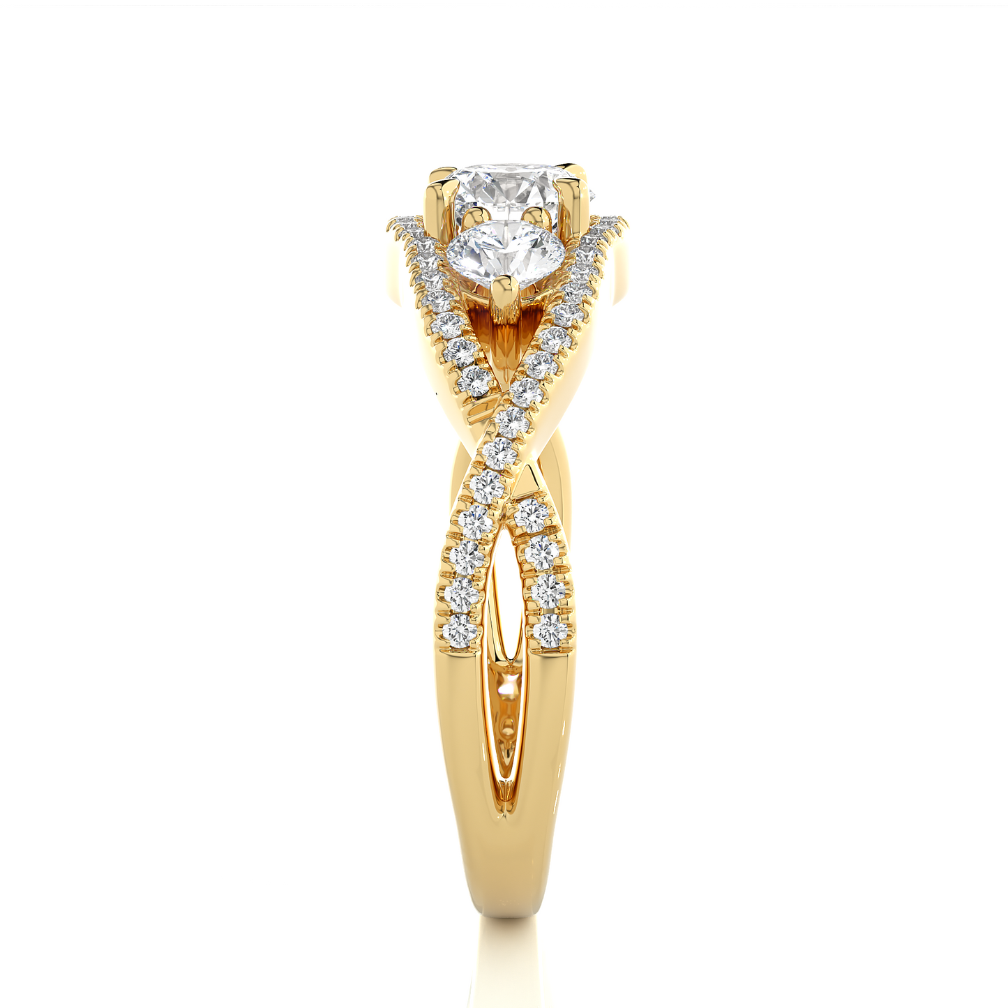 18K Solid Gold Ring, 1.07 Ct Three Stones With Pave And Side Stones Special Round Shape Ring For Women