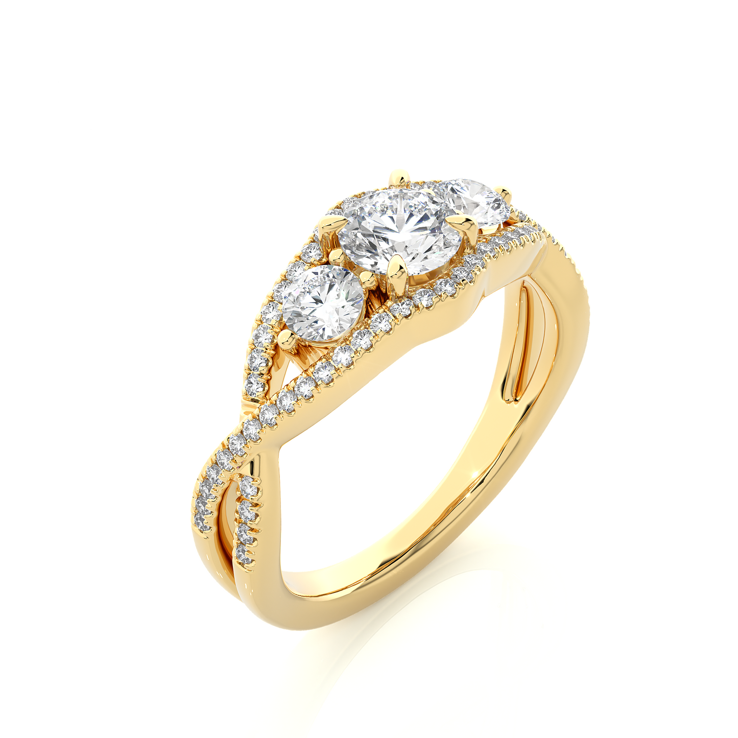 18K Solid Gold Ring, 1.07 Ct Three Stones With Pave And Side Stones Special Round Shape Ring For Women