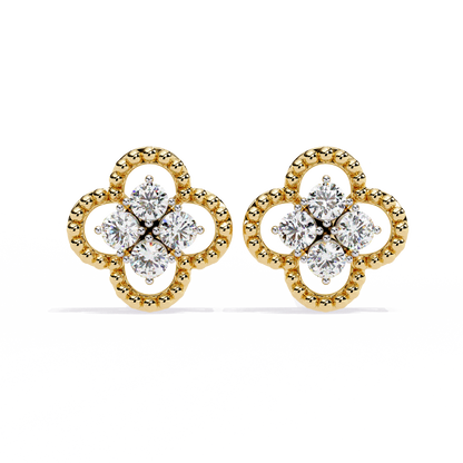 18k Solid Yellow Gold Round Cut Lab Grown & Natural Diamond Vintage Minimalist Screw Back Cluster Stud Earring - HIGHCARAT DIAMONDS
