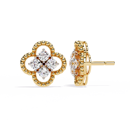 18k Solid Yellow Gold Round Cut Lab Grown & Natural Diamond Vintage Minimalist Screw Back Cluster Stud Earring - HIGHCARAT DIAMONDS