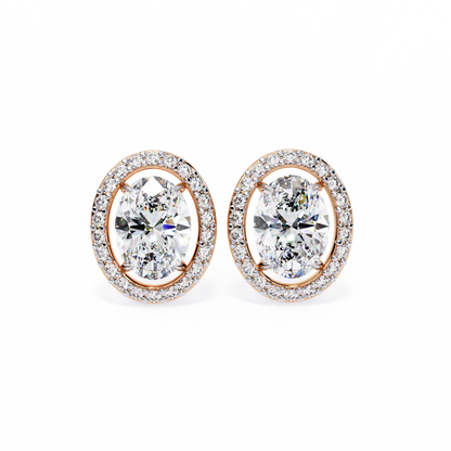 18k Solid Rose Gold Oval And Round Cut Diamond Minimalist Halo Prong Set Dainty Stud Bridesmaid Earring - HIGHCARAT DIAMONDS
