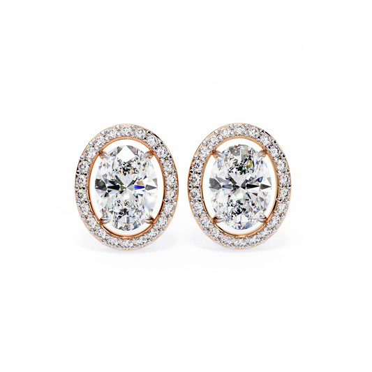 18k Solid Rose Gold Oval And Round Cut Diamond Minimalist Halo Prong Set Dainty Stud Bridesmaid Earring - HIGHCARAT DIAMONDS
