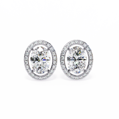 18k Solid Rose Gold Oval And Round Cut Diamond Minimalist Halo Prong Set Dainty Stud Bridesmaid Earring - HIGHCARAT DIAMONDS