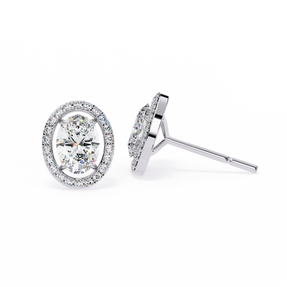 18k Solid Rose Gold Oval And Round Cut Diamond Minimalist Halo Prong Set Dainty Stud Bridesmaid Earring - HIGHCARAT DIAMONDS