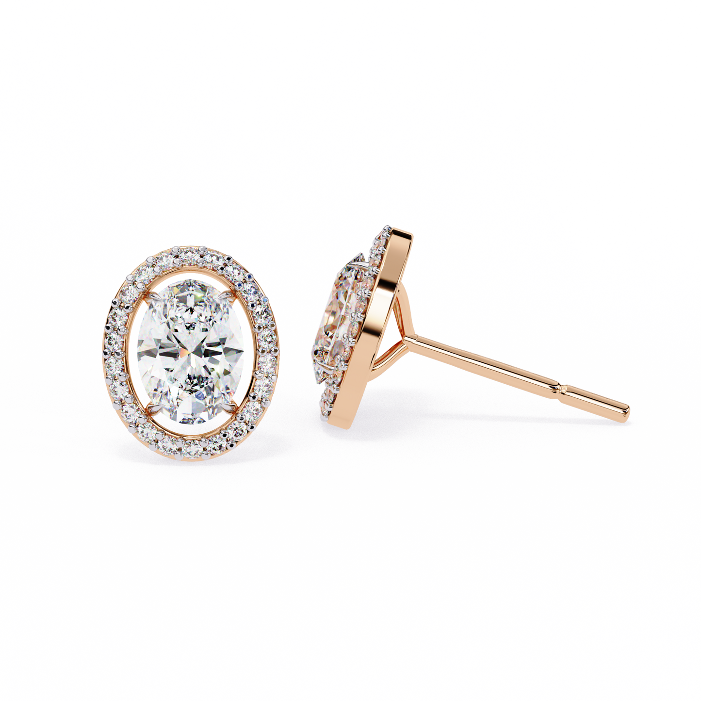 18k Solid Rose Gold Oval And Round Cut Diamond Minimalist Halo Prong Set Dainty Stud Bridesmaid Earring - HIGHCARAT DIAMONDS