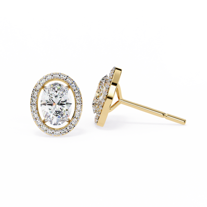 18k Solid Rose Gold Oval And Round Cut Diamond Minimalist Halo Prong Set Dainty Stud Bridesmaid Earring - HIGHCARAT DIAMONDS
