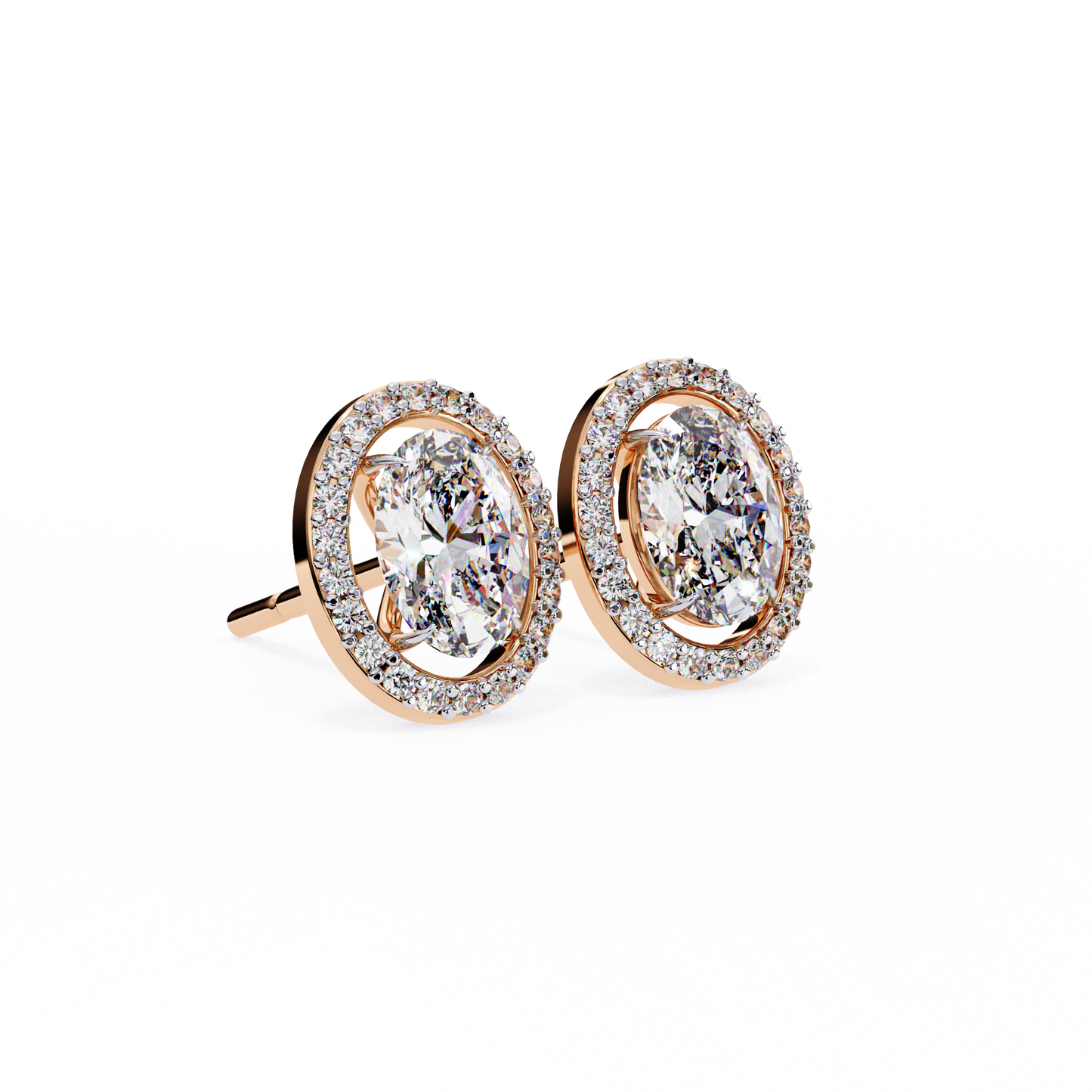 18k Solid Rose Gold Oval And Round Cut Diamond Minimalist Halo Prong Set Dainty Stud Bridesmaid Earring - HIGHCARAT DIAMONDS