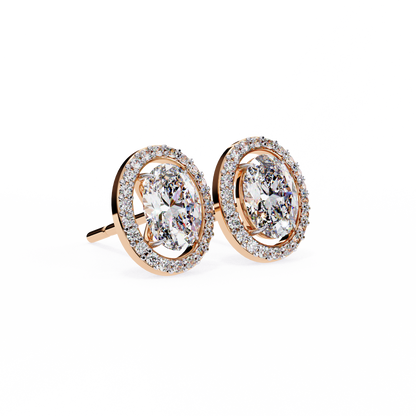 18k Solid Rose Gold Oval And Round Cut Diamond Minimalist Halo Prong Set Dainty Stud Bridesmaid Earring - HIGHCARAT DIAMONDS
