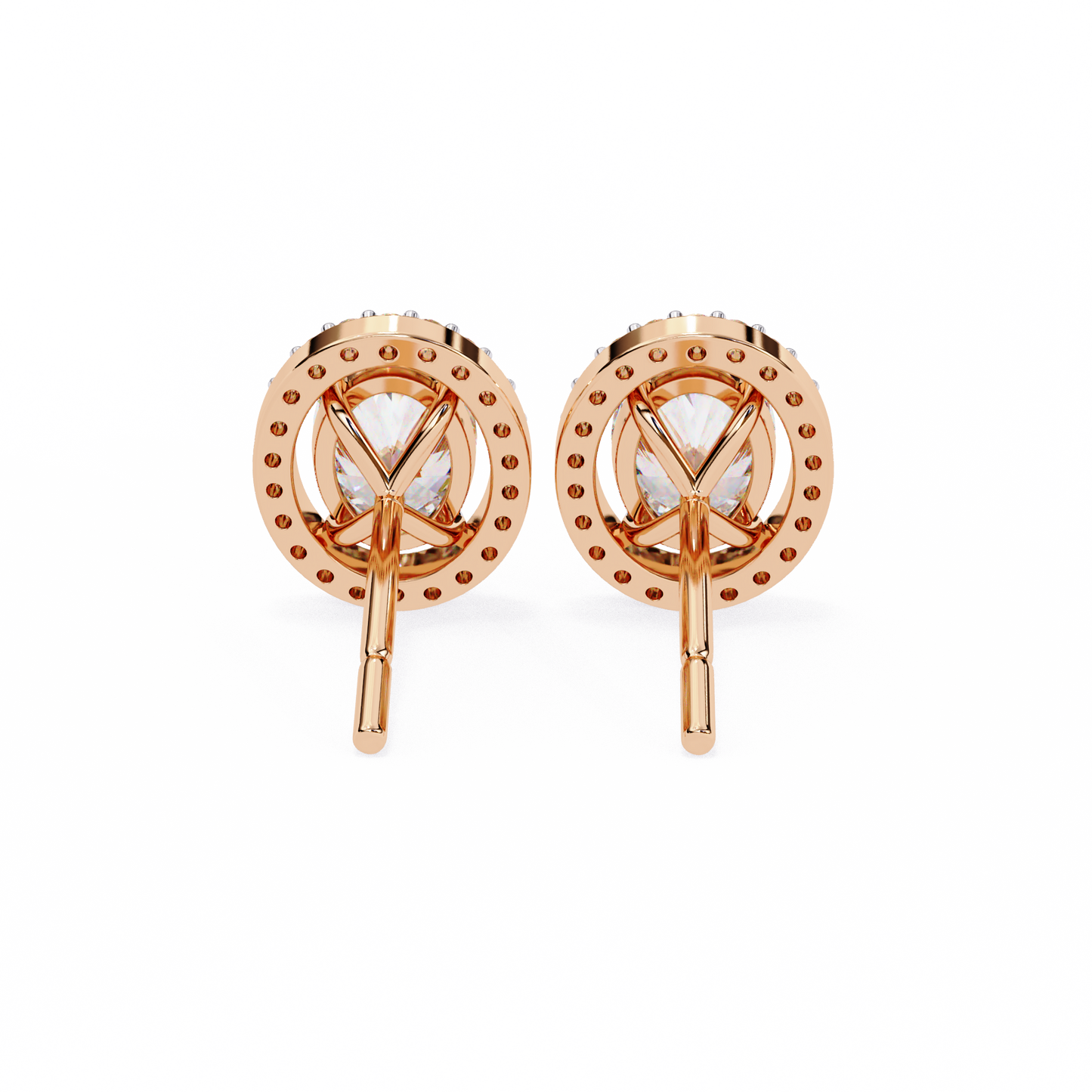 18k Solid Rose Gold Oval And Round Cut Diamond Minimalist Halo Prong Set Dainty Stud Bridesmaid Earring - HIGHCARAT DIAMONDS
