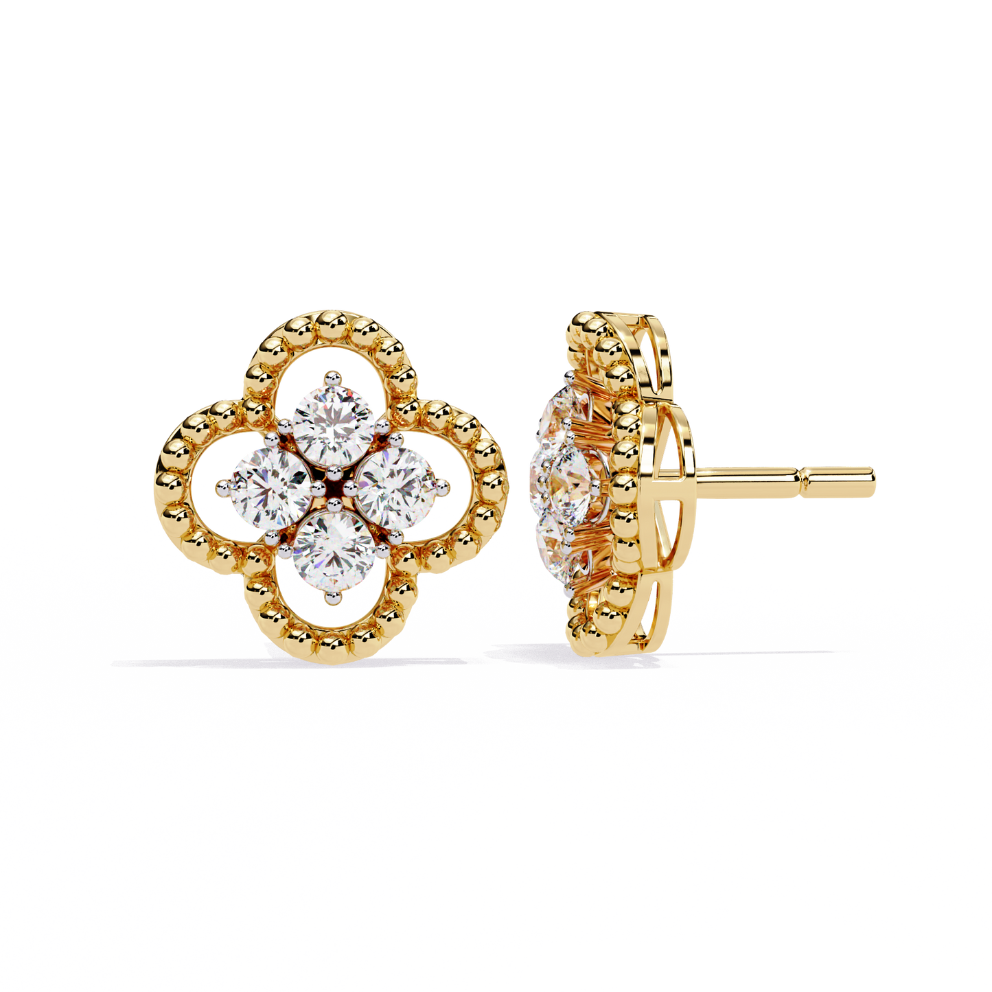 18k Solid Yellow Gold Round Cut Lab Grown & Natural Diamond Vintage Minimalist Screw Back Cluster Stud Earring - HIGHCARAT DIAMONDS