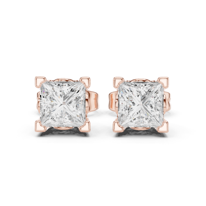 Princess Cut Solitaire Lab Grown Diamond Yellow Gold Stud Earring