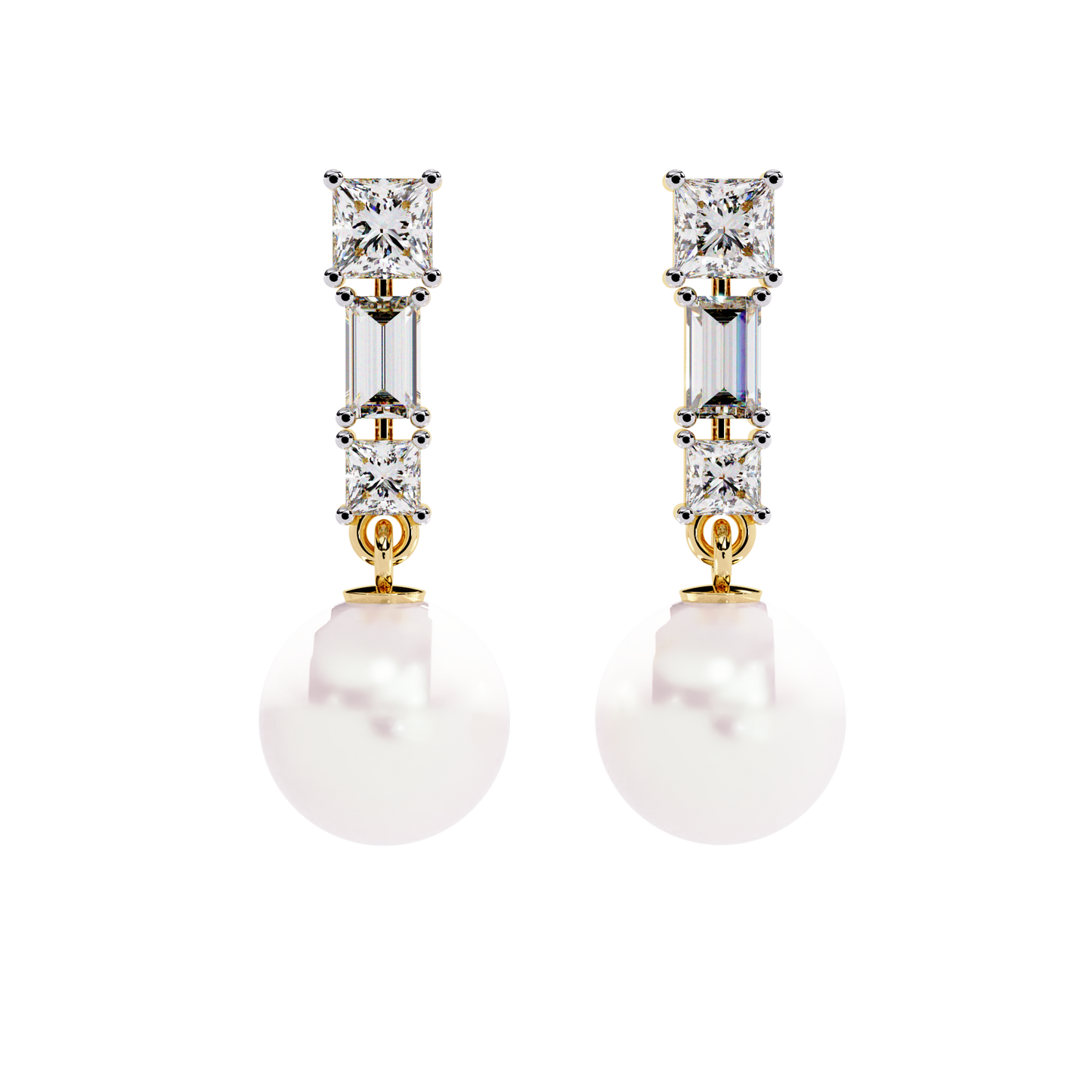 Prong Set 2.08Ct Baguette And Princess Cut Diamond Pearls Minimalist Classic Bridal Drop Earring For Her - HIGHCARAT DIAMONDS