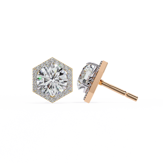 Prong Set Hexagon Shape 2.10Ct Round Cut Lab Grown Halo Style Cluster 14k Solid Yellow Gold Stud Bridesmaid  Earring For Women's - HIGHCARAT DIAMONDS