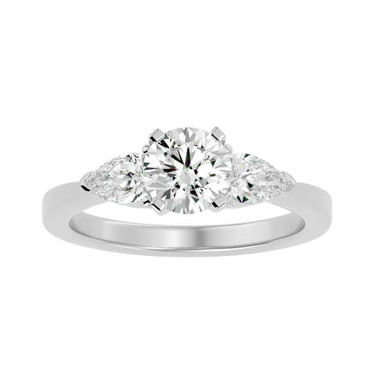 2.18 CT Round & Pear Cut Lab Grown Diamond Engagement  3 Stone 14k Solid White Gold Diamond Ring
