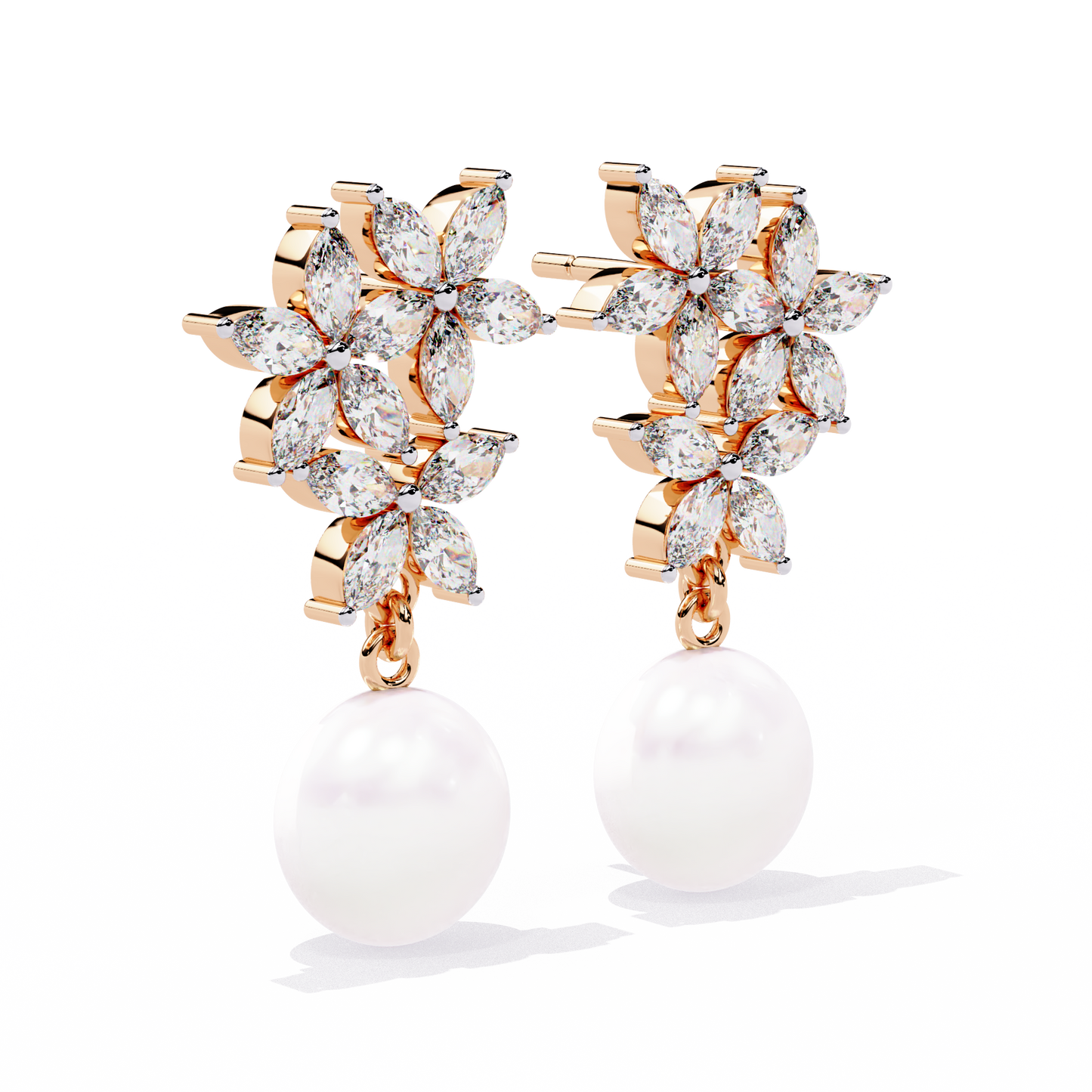 Marquise Cut Crystal Flower And Pearl 2.39Ct Diamond Stacking Prong Set Vintage Drop Earring For Gift - HIGHCARAT DIAMONDS