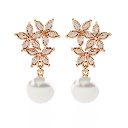 Marquise Cut Crystal Flower And Pearl 2.39Ct Diamond Stacking Prong Set Vintage Drop Earring For Gift - HIGHCARAT DIAMONDS