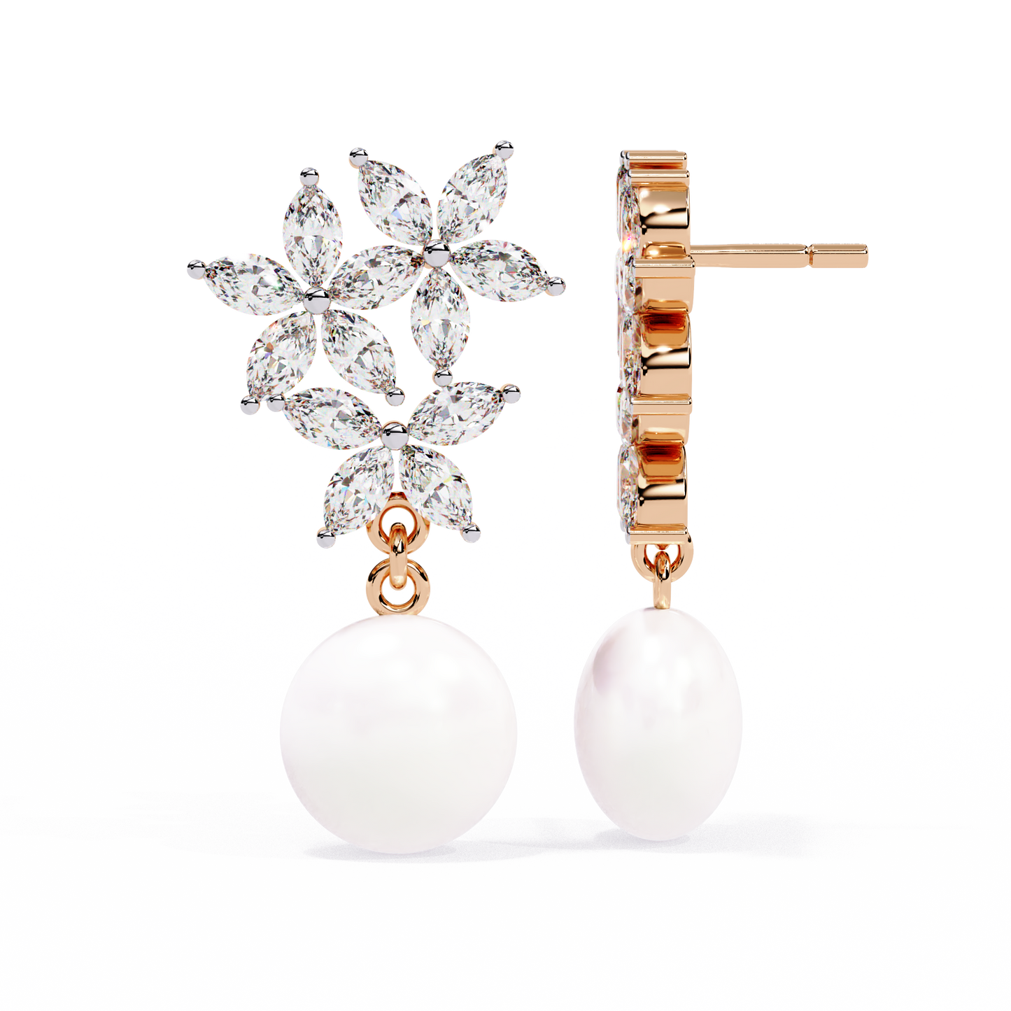 Marquise Cut Crystal Flower And Pearl 2.39Ct Diamond Stacking Prong Set Vintage Drop Earring For Gift - HIGHCARAT DIAMONDS