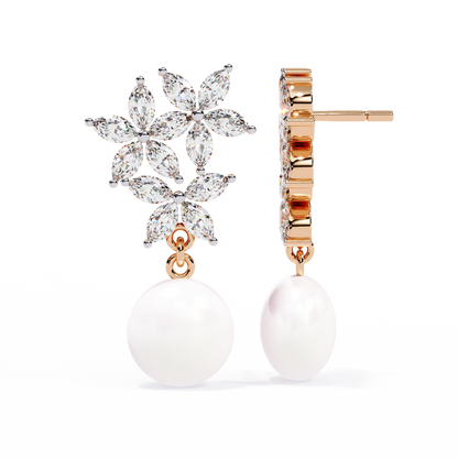 Marquise Cut Crystal Flower And Pearl 2.39Ct Diamond Stacking Prong Set Vintage Drop Earring For Gift - HIGHCARAT DIAMONDS