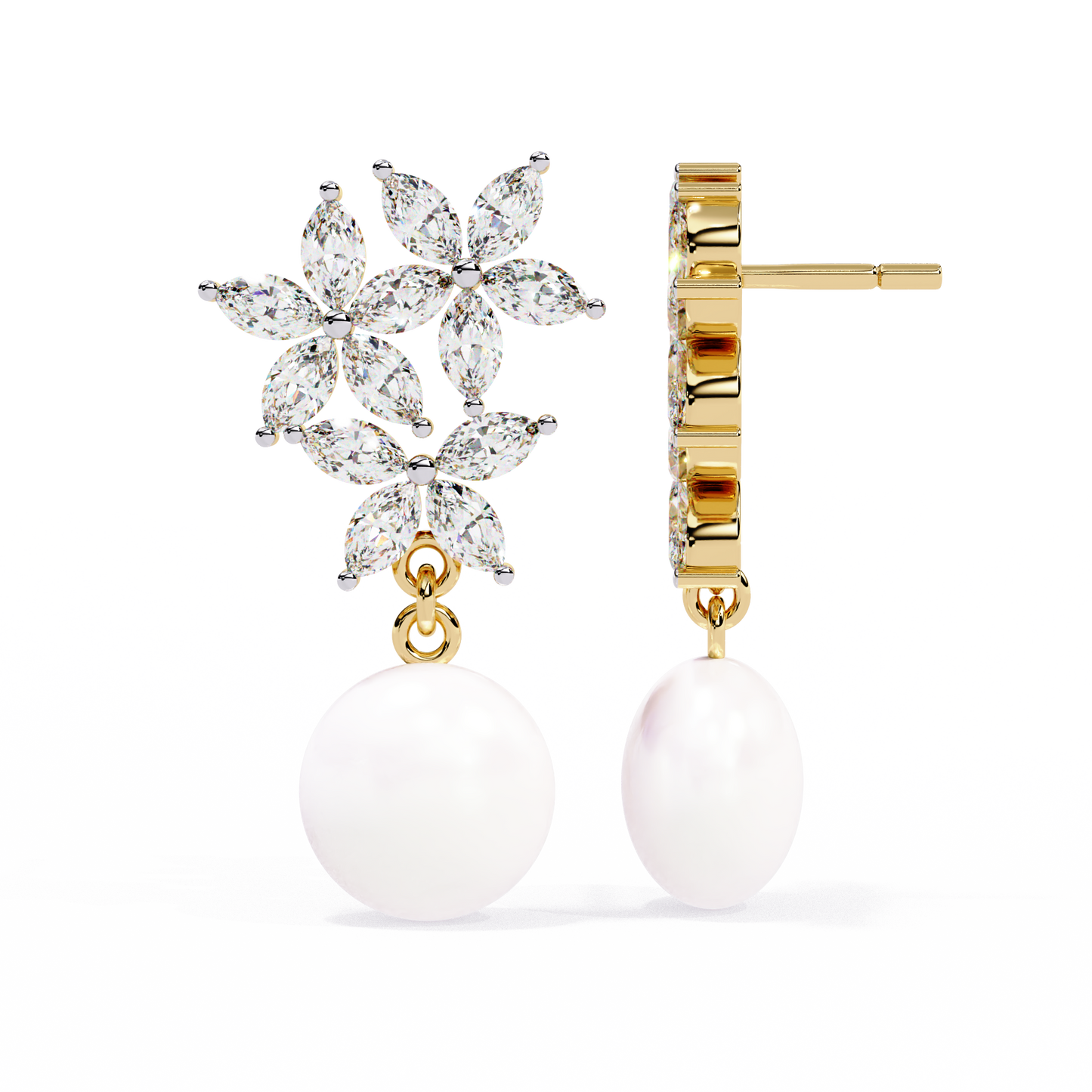 Marquise Cut Crystal Flower And Pearl 2.39Ct Diamond Stacking Prong Set Vintage Drop Earring For Gift - HIGHCARAT DIAMONDS