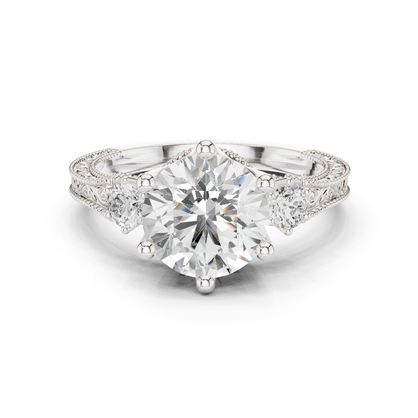 2.80 Carat Delicate Round Lab grown Diamond 14K Solid White Gold Three Stone Ring For Her