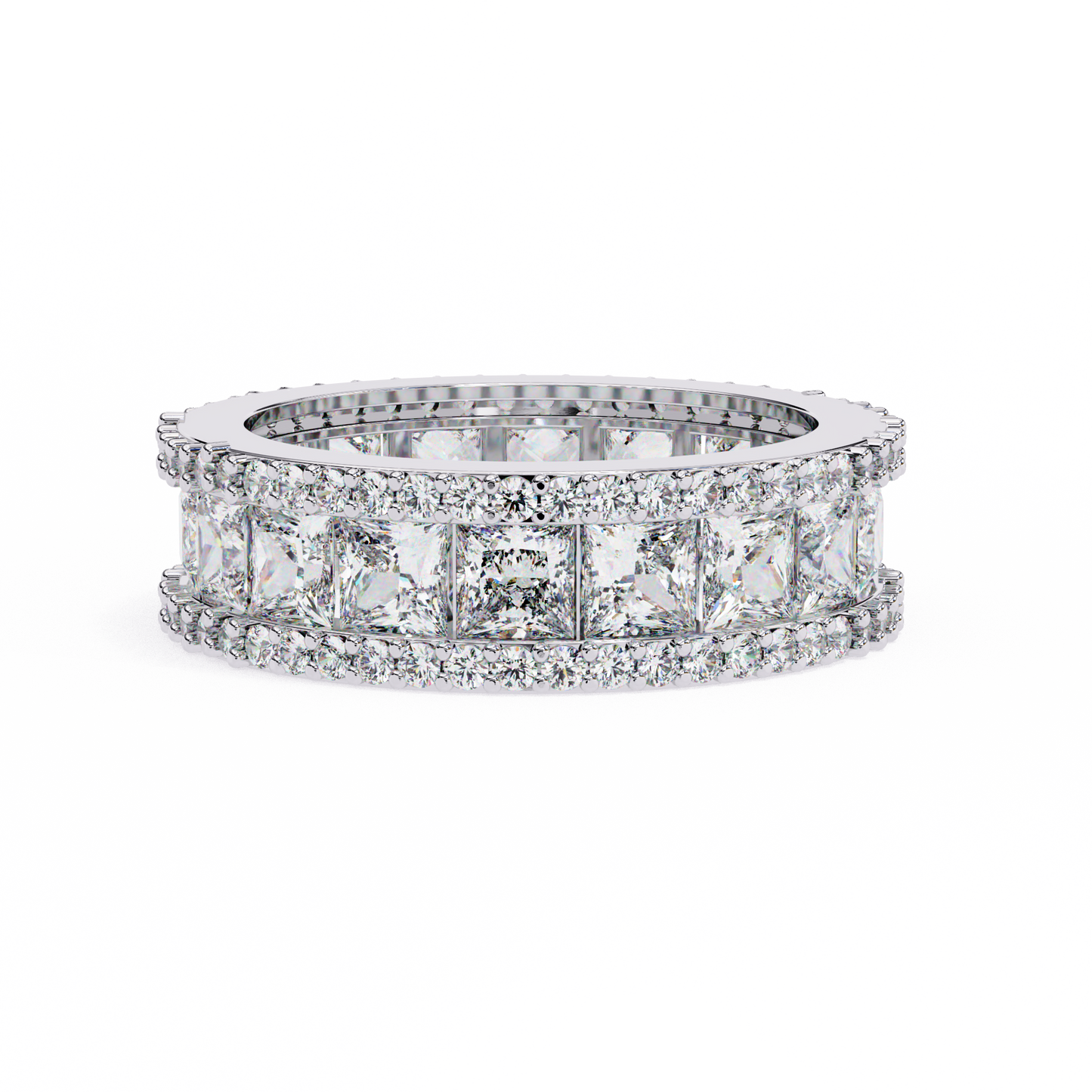 3.54Ct Princess And Round Cut Diamond Full Eternity Elegant Minimalist Three Row Wedding Band For Her