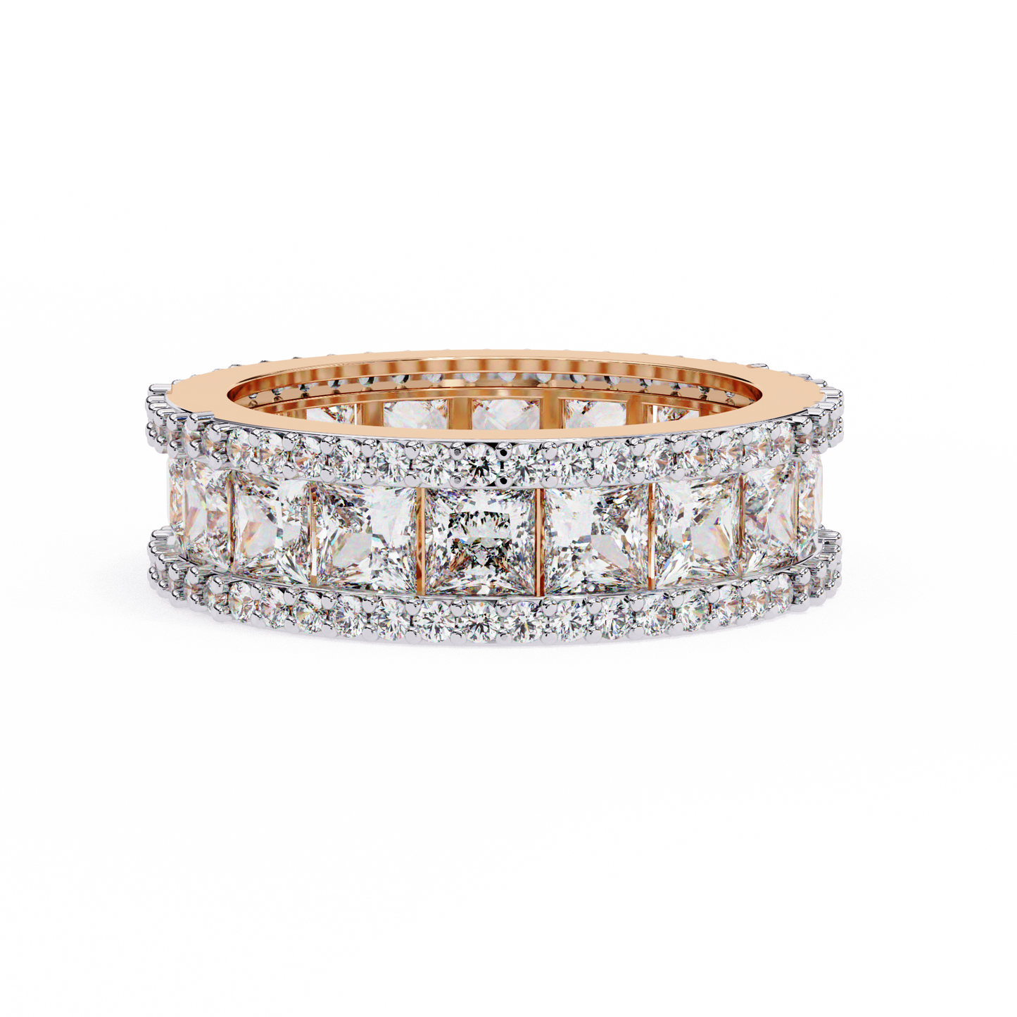 3.54Ct Princess And Round Cut Diamond Full Eternity Elegant Minimalist Three Row Wedding Band For Her