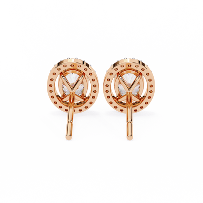18k Solid Rose Gold Oval And Round Cut Diamond Minimalist Halo Prong Set Dainty Stud Bridesmaid Earring