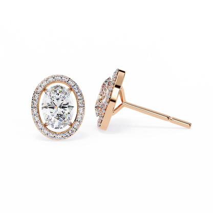 18k Solid Rose Gold Oval And Round Cut Diamond Minimalist Halo Prong Set Dainty Stud Bridesmaid Earring