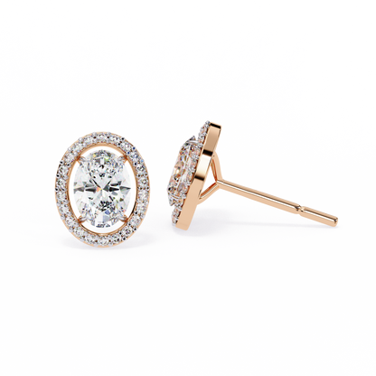 18k Solid Rose Gold Oval And Round Cut Diamond Minimalist Halo Prong Set Dainty Stud Bridesmaid Earring