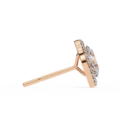 18k Solid Rose Gold Oval And Round Cut Diamond Minimalist Halo Prong Set Dainty Stud Bridesmaid Earring