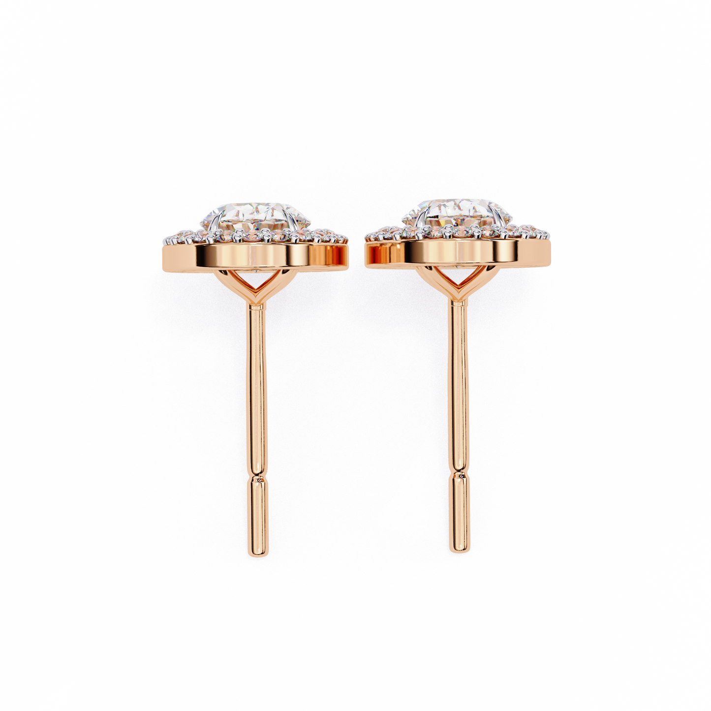 18k Solid Rose Gold Oval And Round Cut Diamond Minimalist Halo Prong Set Dainty Stud Bridesmaid Earring