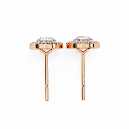 18k Solid Rose Gold Oval And Round Cut Diamond Minimalist Halo Prong Set Dainty Stud Bridesmaid Earring