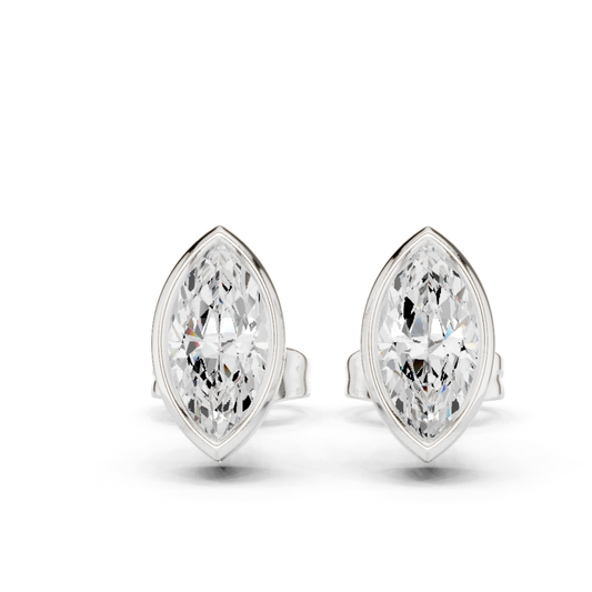 18k Solid Yellow Gold Marquise Cut 1.00CT Lab Grown Diamond Art Deco Dainty Bezel Set Stud Earring