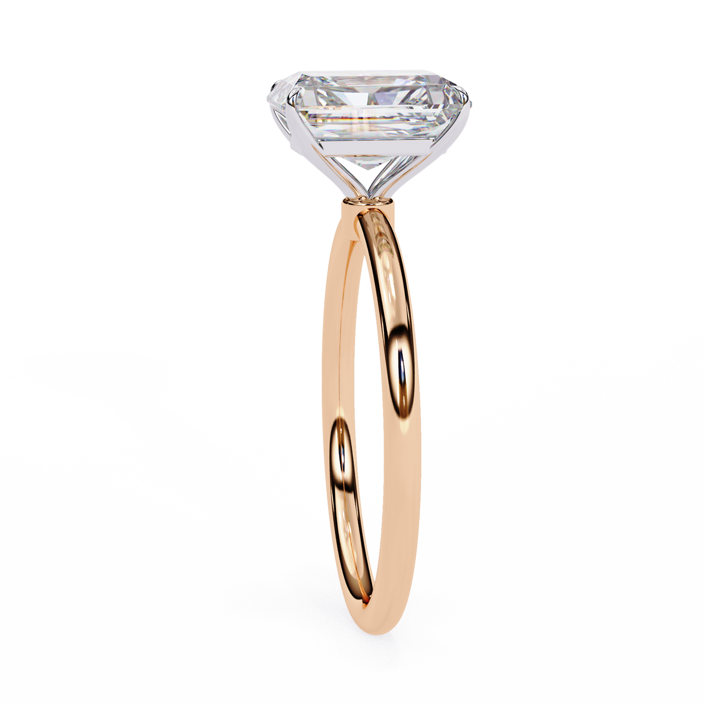 Angled view of radiant cut diamond ring with Art Deco design