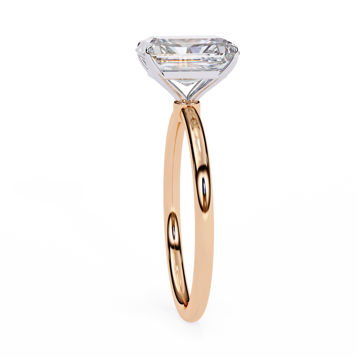 Angled view of radiant cut diamond ring with Art Deco design