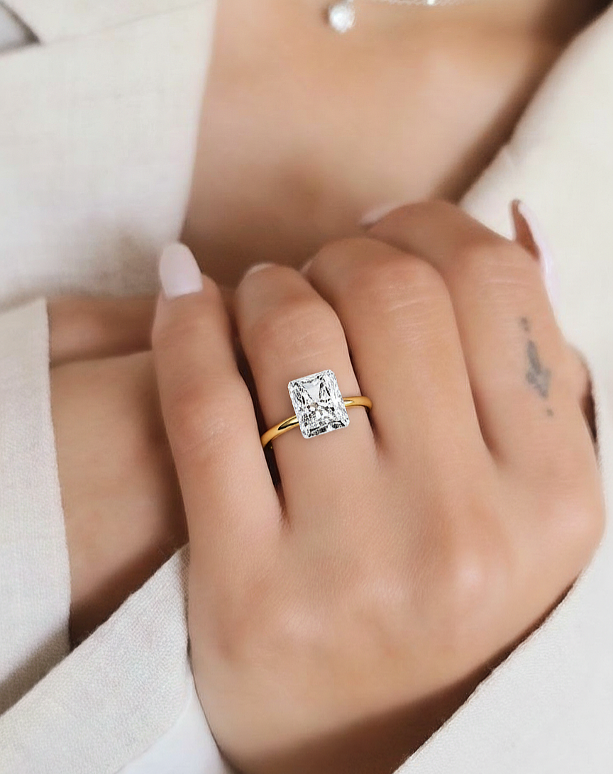 18K solid gold radiant cut lab diamond engagement ring