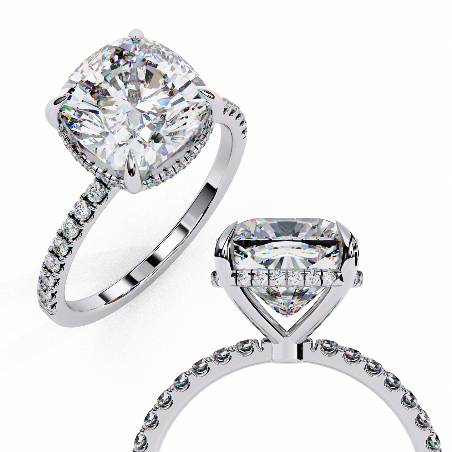 3.53 Ct Cushion And Round Cut 14k Solid Gold Diamond Pave Set Vintage Proposal Ring - HIGHCARAT DIAMONDS