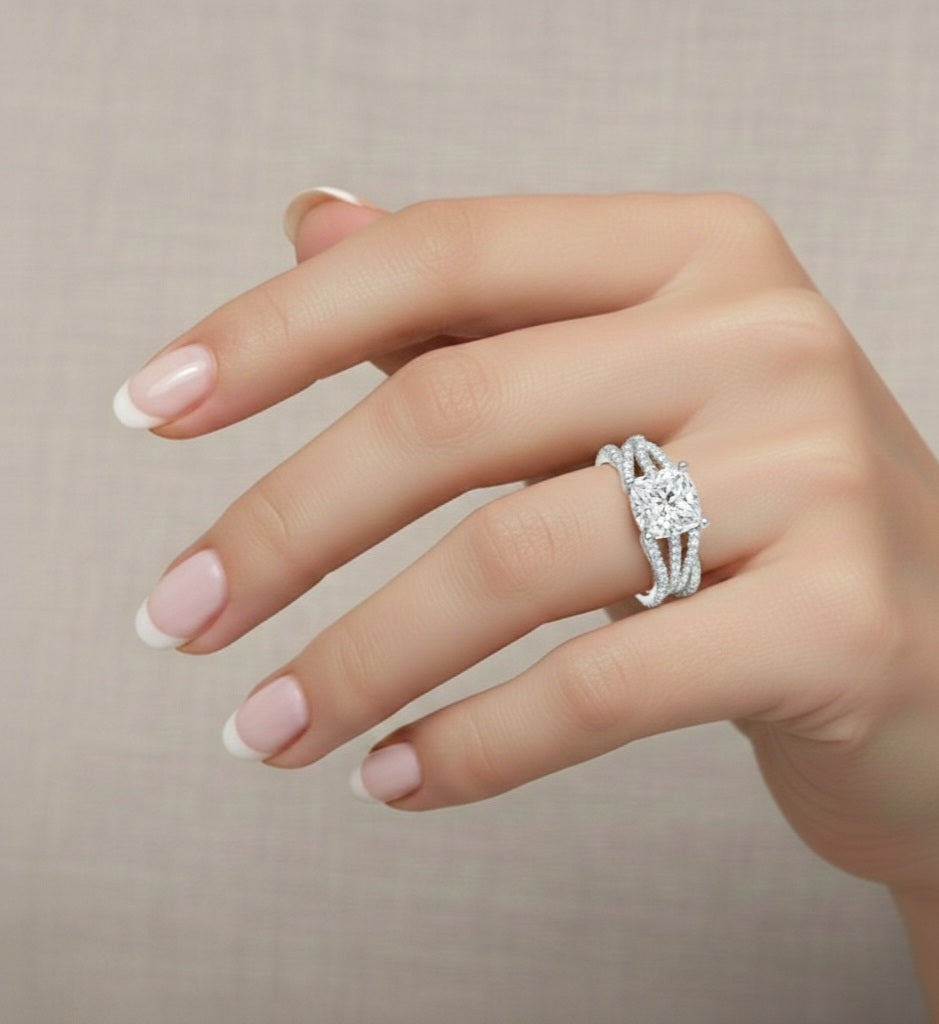 3.73 CT Cushion Labgrown Diamond Ring 10k Solid White Gold Engagement & Wedding Bridal Set Halo Accented Ring For Her