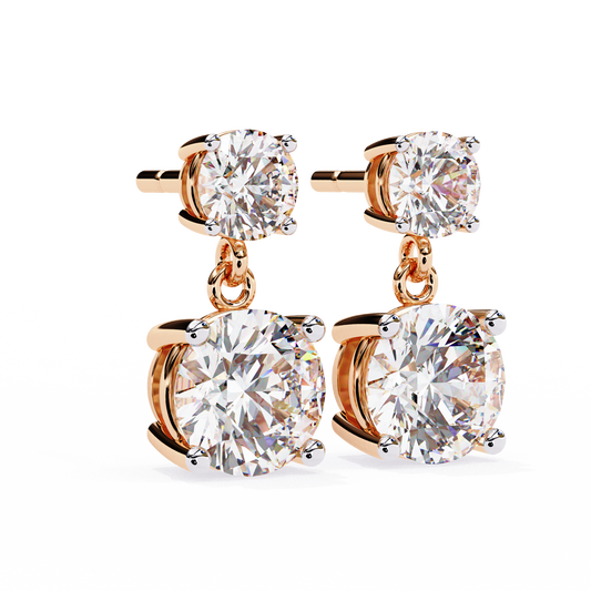 rose gold round diamond dangle earrings with four prong setting front look