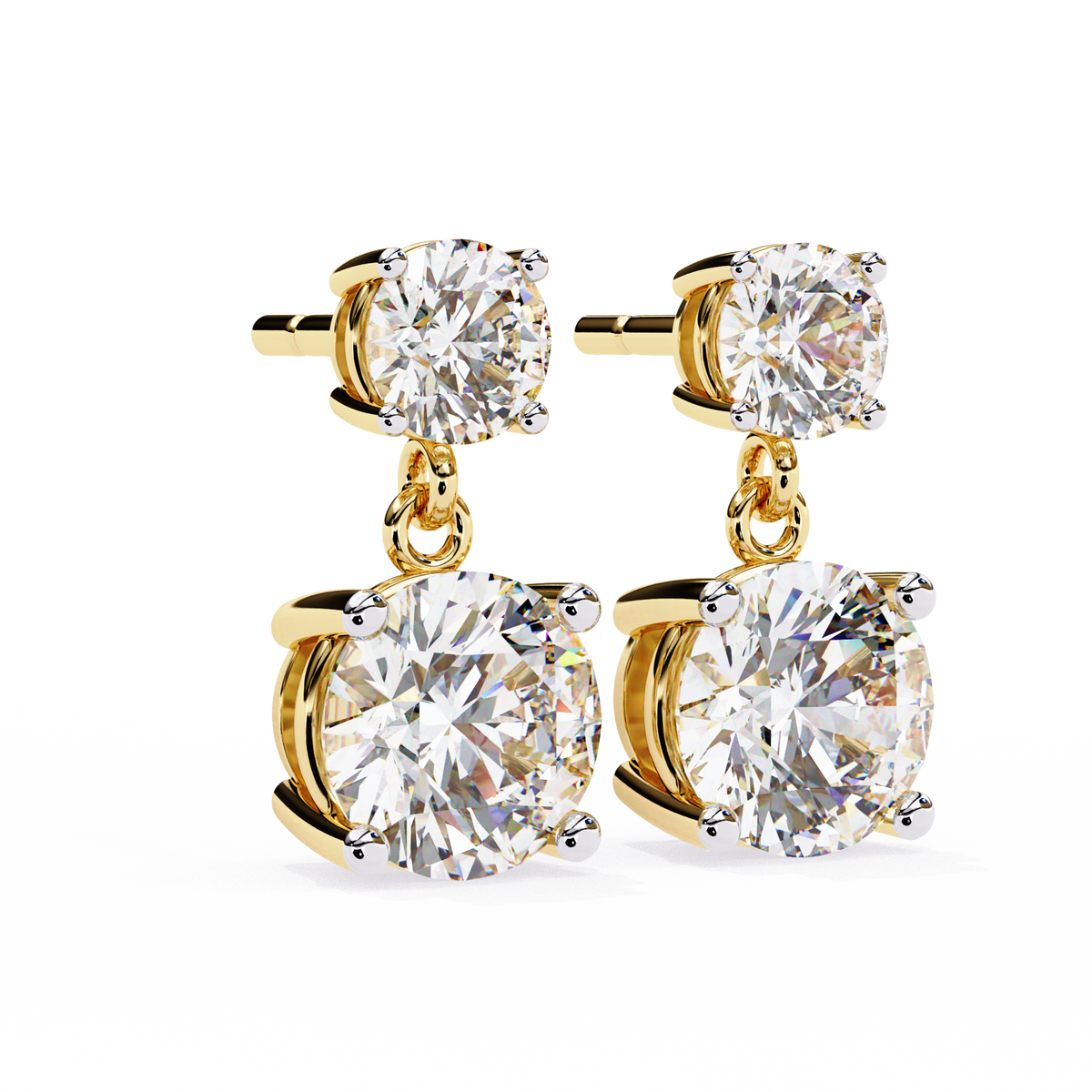 Yellow gold round cut lab grown diamond drop earrings with double stone design